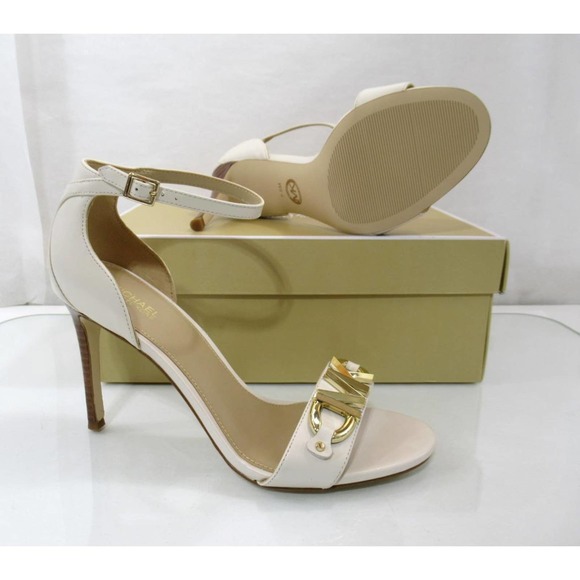 Michael Kors Izzy Sandals Heels Ankle Strap Dress MK Logo Light Cream Size 7.5 - Picture 7 of 7
